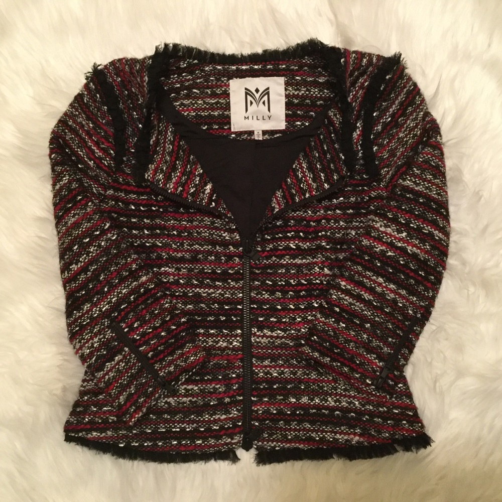MILLY Tweed Fringe Double Zip Jacket Orig. $395